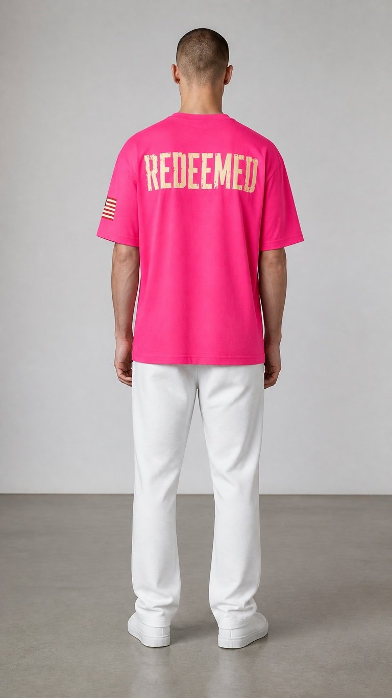 Man wearing bright pink REDEEMED t-shirt and white pants