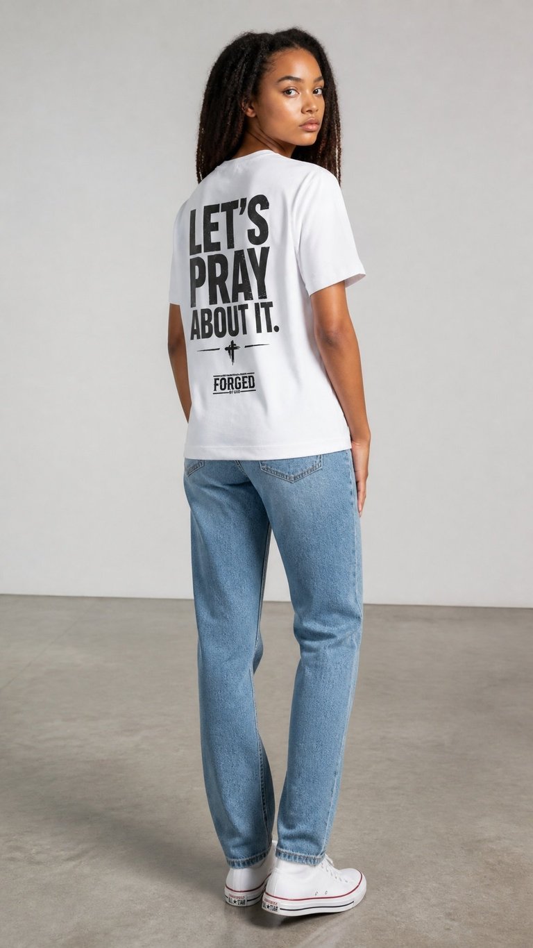 Woman wearing a white graphic tee with Lets Pray About It text and blue jeans, standing against a neutral background