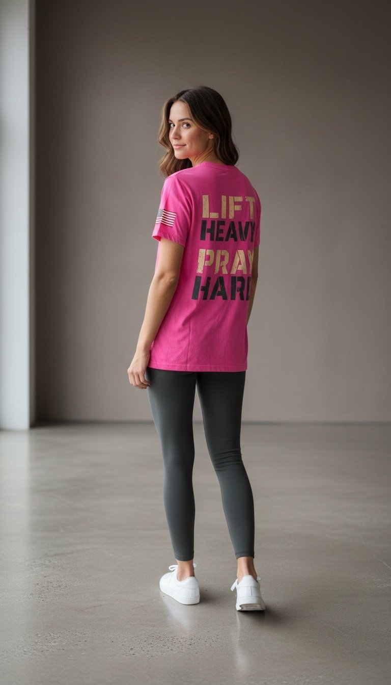 Woman wearing pink graphic t-shirt with motivational text, black leggings