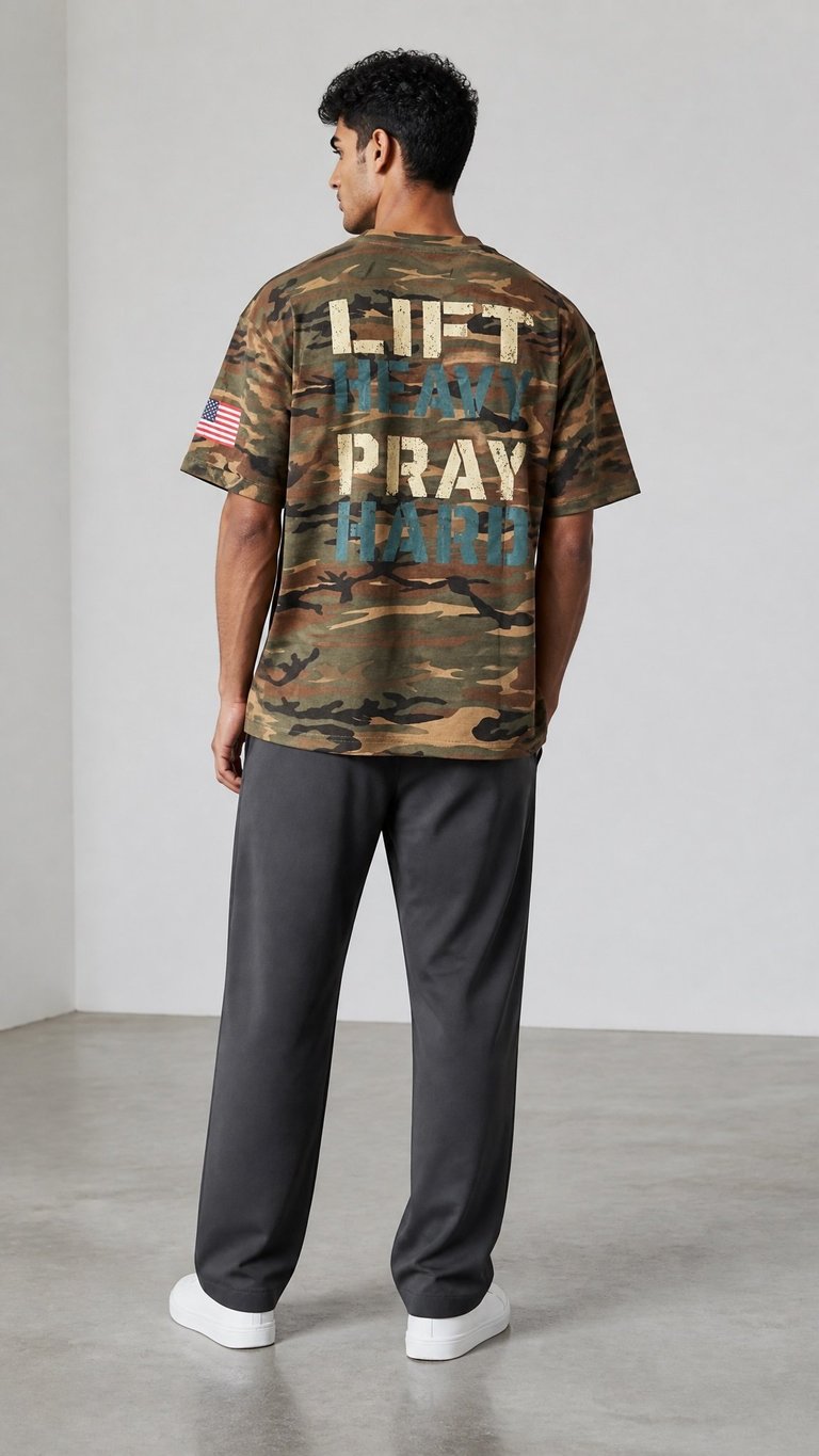 Man wearing camouflage t-shirt with text graphics and black pants