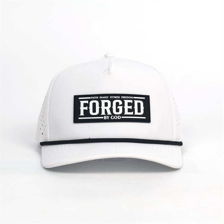 White baseball cap with black Forged By God label on front and black trim