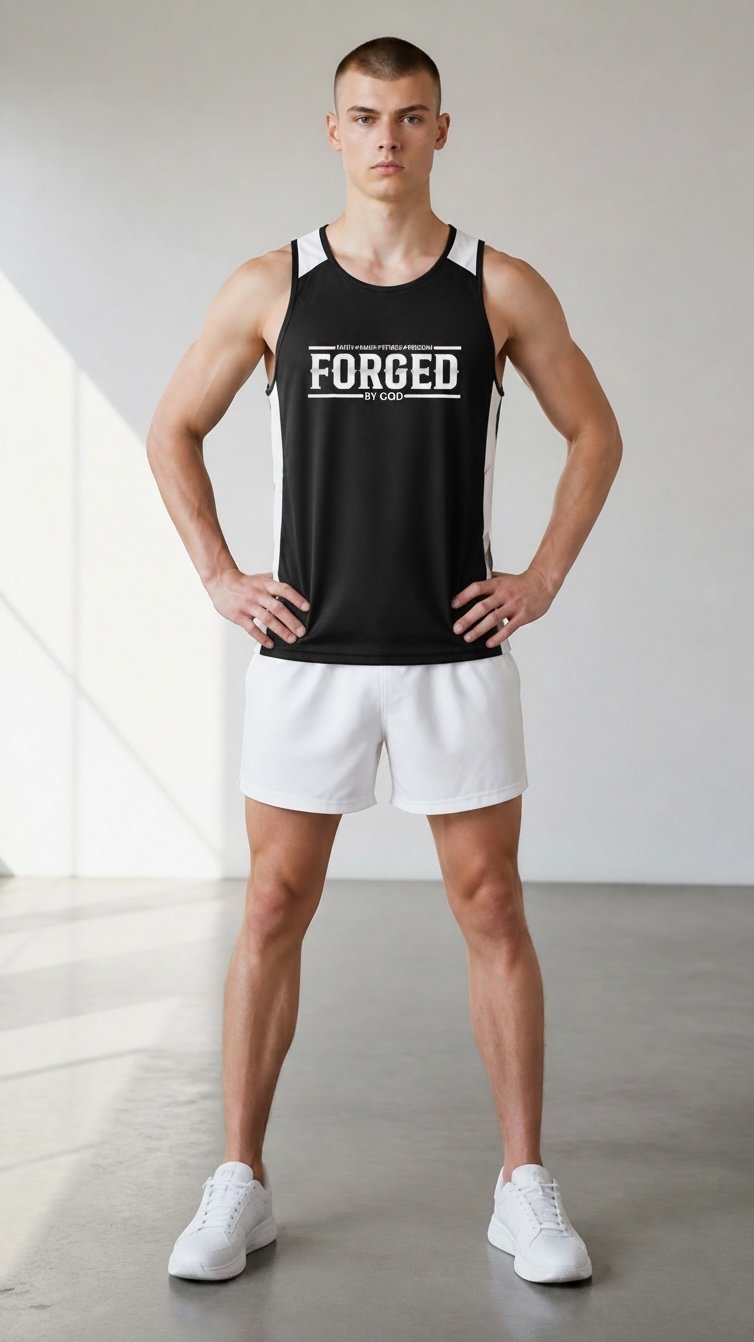 Young man in black FORGED tank top and white shorts