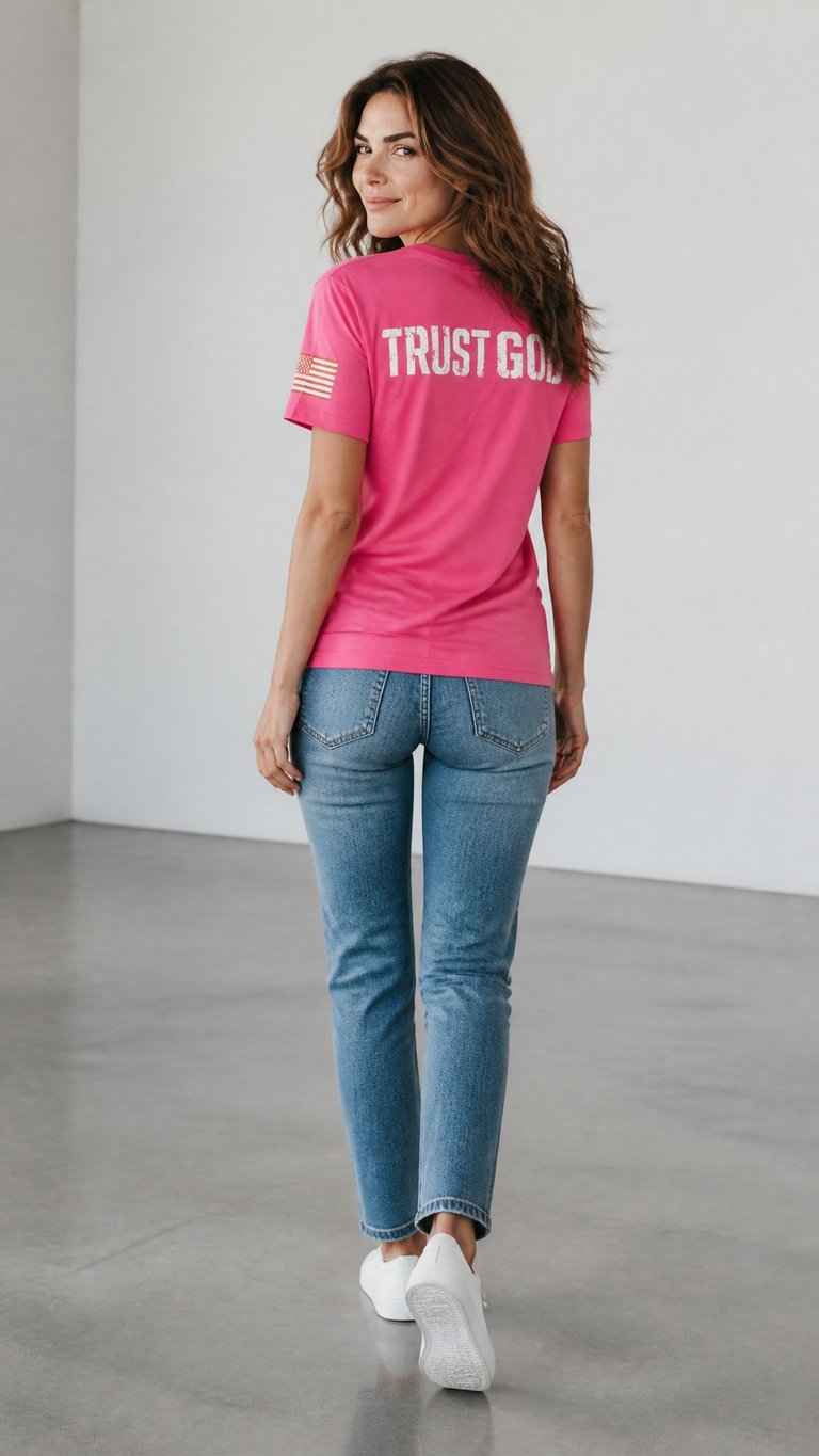 Woman wearing hot pink Trust God t-shirt with American flag sleeve, blue jeans, and white sneakers, standing against white wall