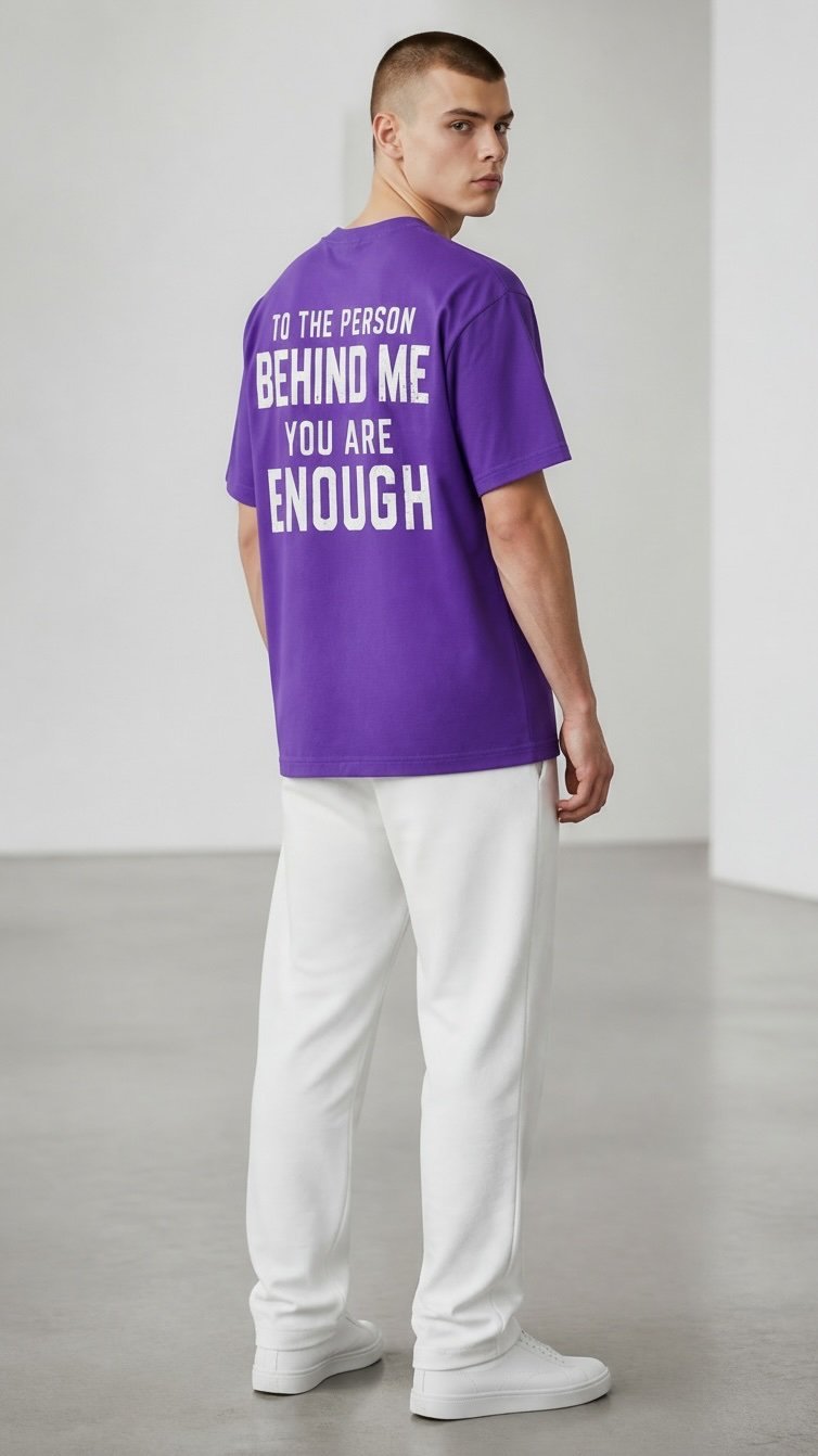 Young man wearing a purple t-shirt with motivational text on the back