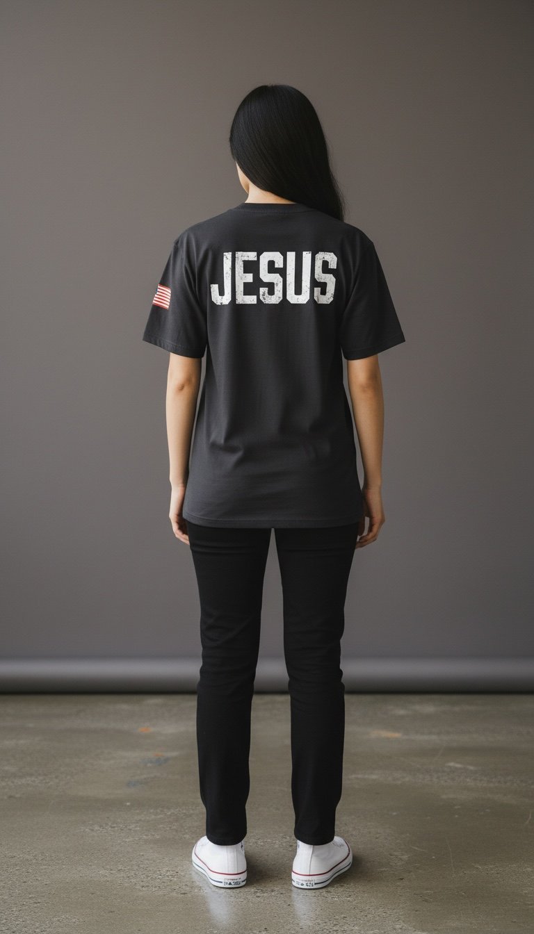 Woman from behind wearing black JESUS t-shirt and black pants