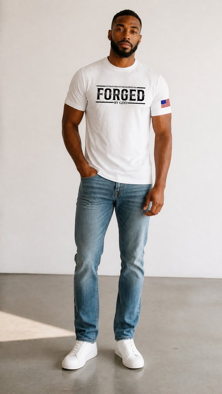 Man wearing white FORGED graphic t-shirt, blue jeans