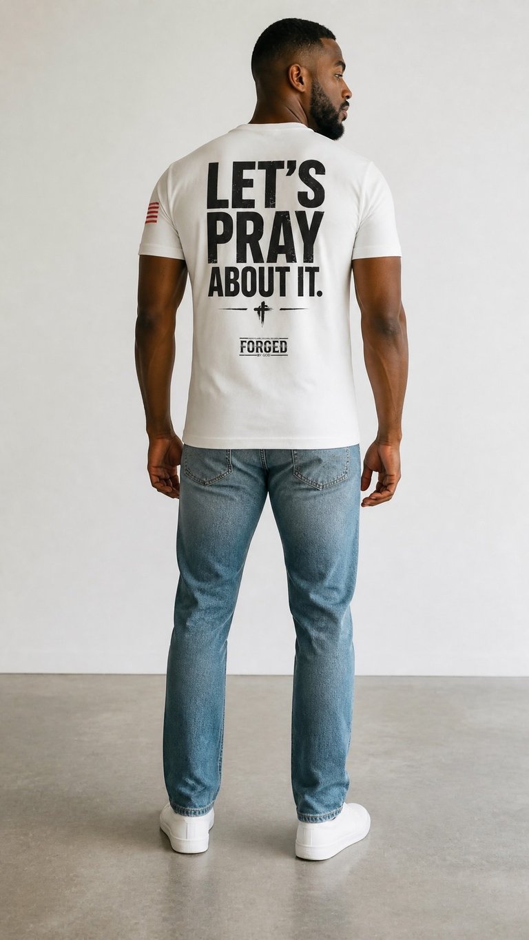 Man wearing white t-shirt with Lets Pray About It text and jeans