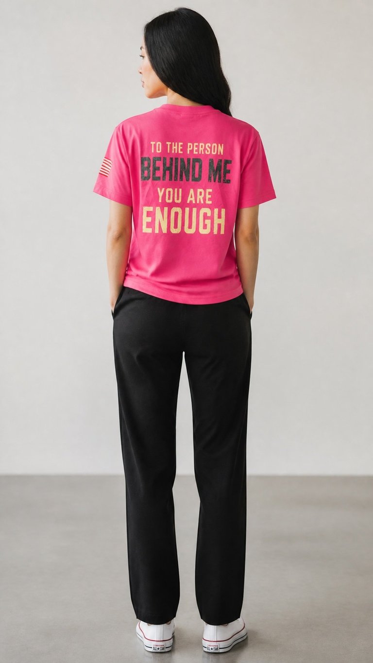 Woman wearing a hot pink t-shirt with motivational text on the back and black pants, viewed from behind