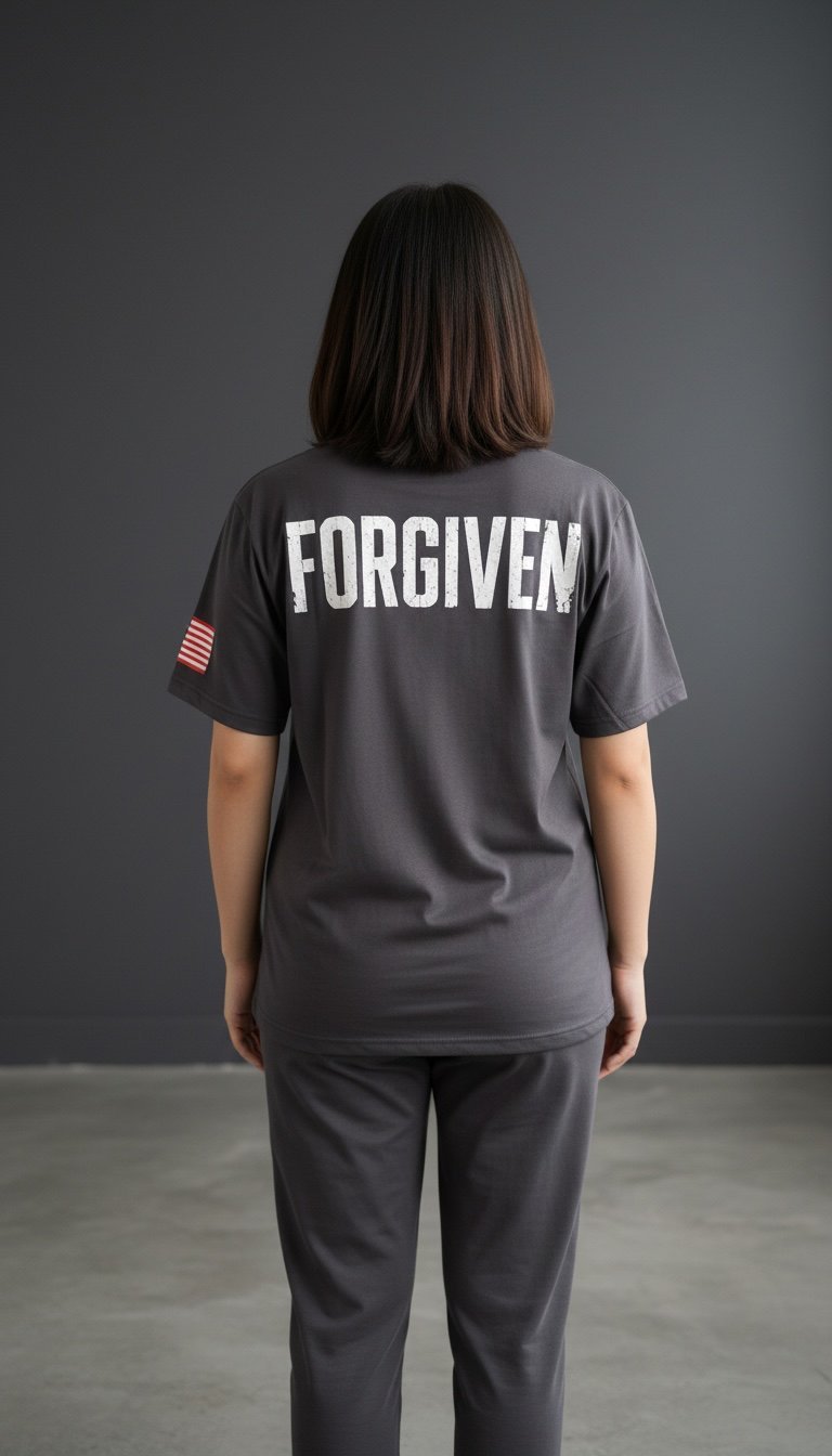 Person viewed from behind wearing a dark grey t-shirt with white FORGIVEN text and American flag patch on sleeve