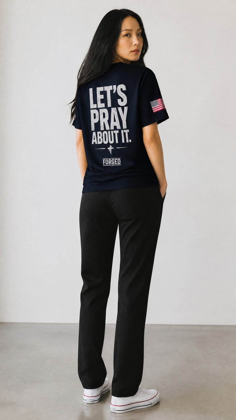 Woman wearing black t-shirt with Lets Pray About It text and American flag, black pants, and white sneakers
