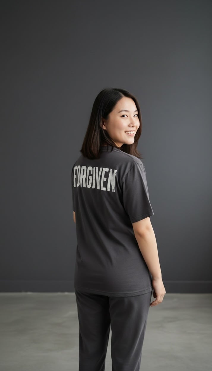Woman wearing a black t-shirt with Forgiven text on the back, standing against a gray background, looking over her shoulder with a smile