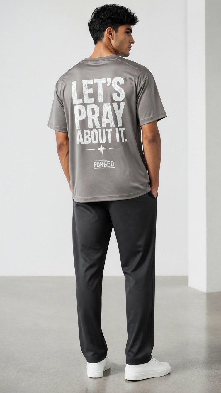 Man wearing gray t-shirt with Lets Pray About It text and black pants, viewed from behind