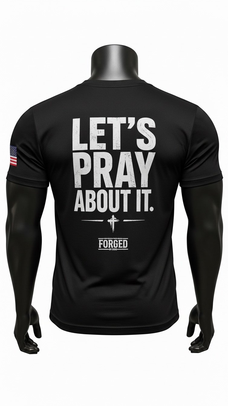Black t-shirt with Lets Pray About It text on back, cross design, Forged logo, and American flag on sleeve