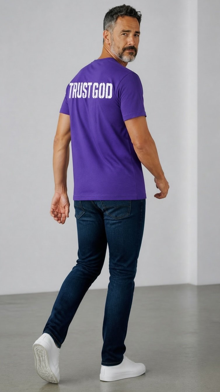 Man wearing purple Trust God graphic t-shirt and dark jeans