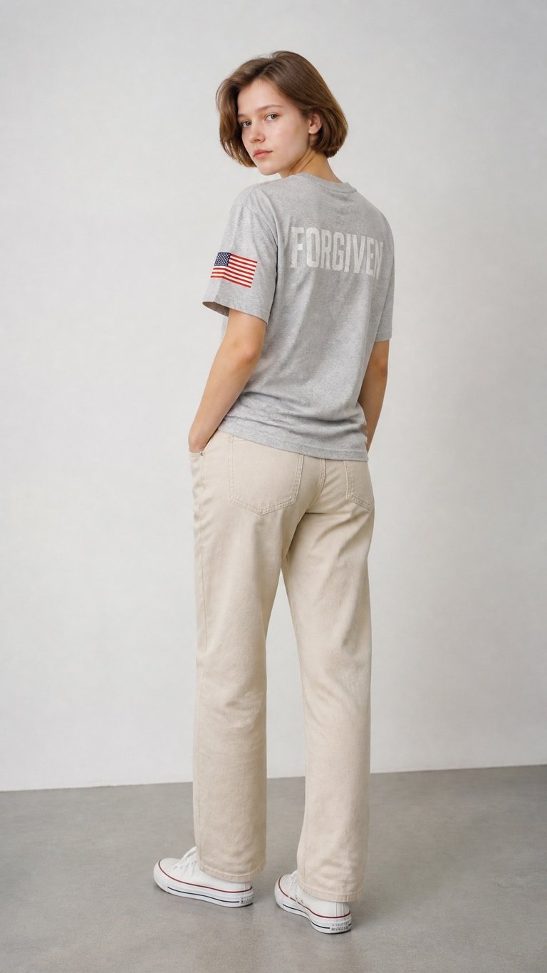 Woman wearing gray t-shirt with Forgiven text and American flag