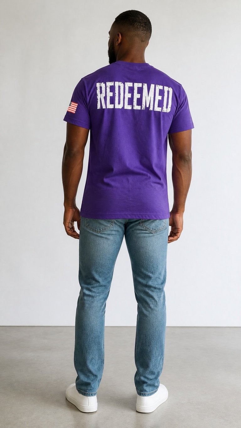 Man wearing purple REDEEMED t-shirt with American flag patch