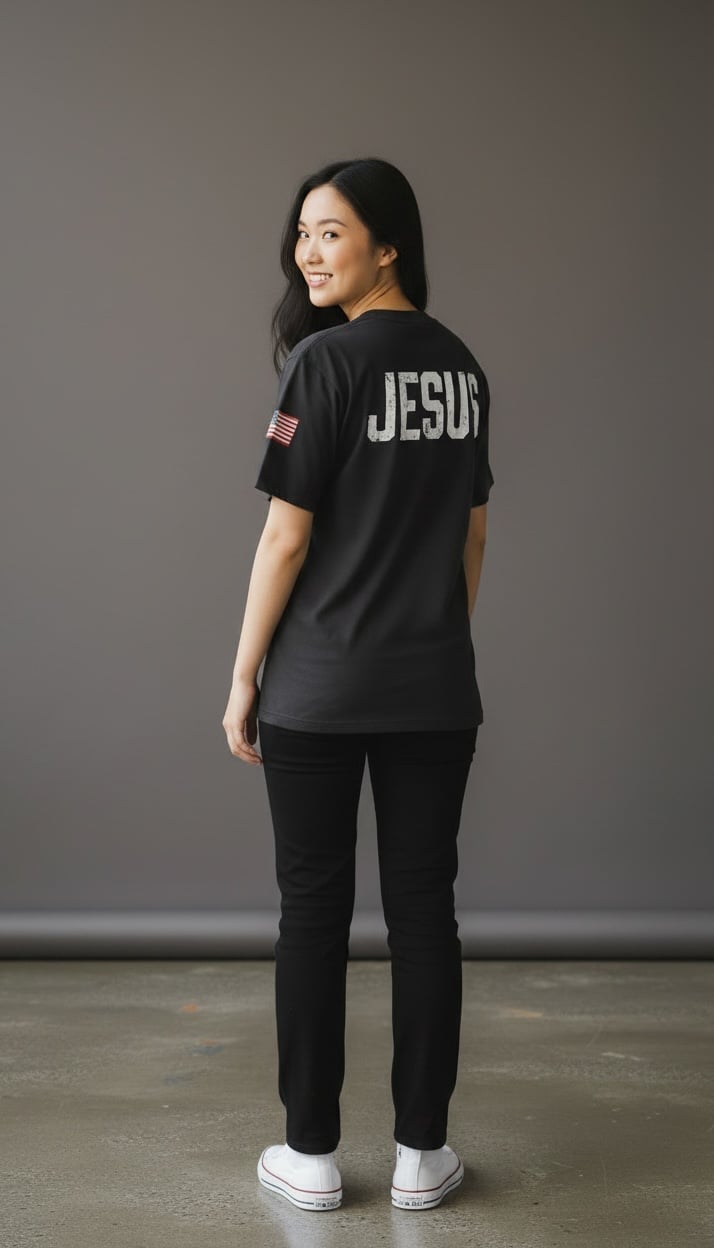 Woman wearing black JESUS t-shirt and black pants with American flag patch, standing against gray background