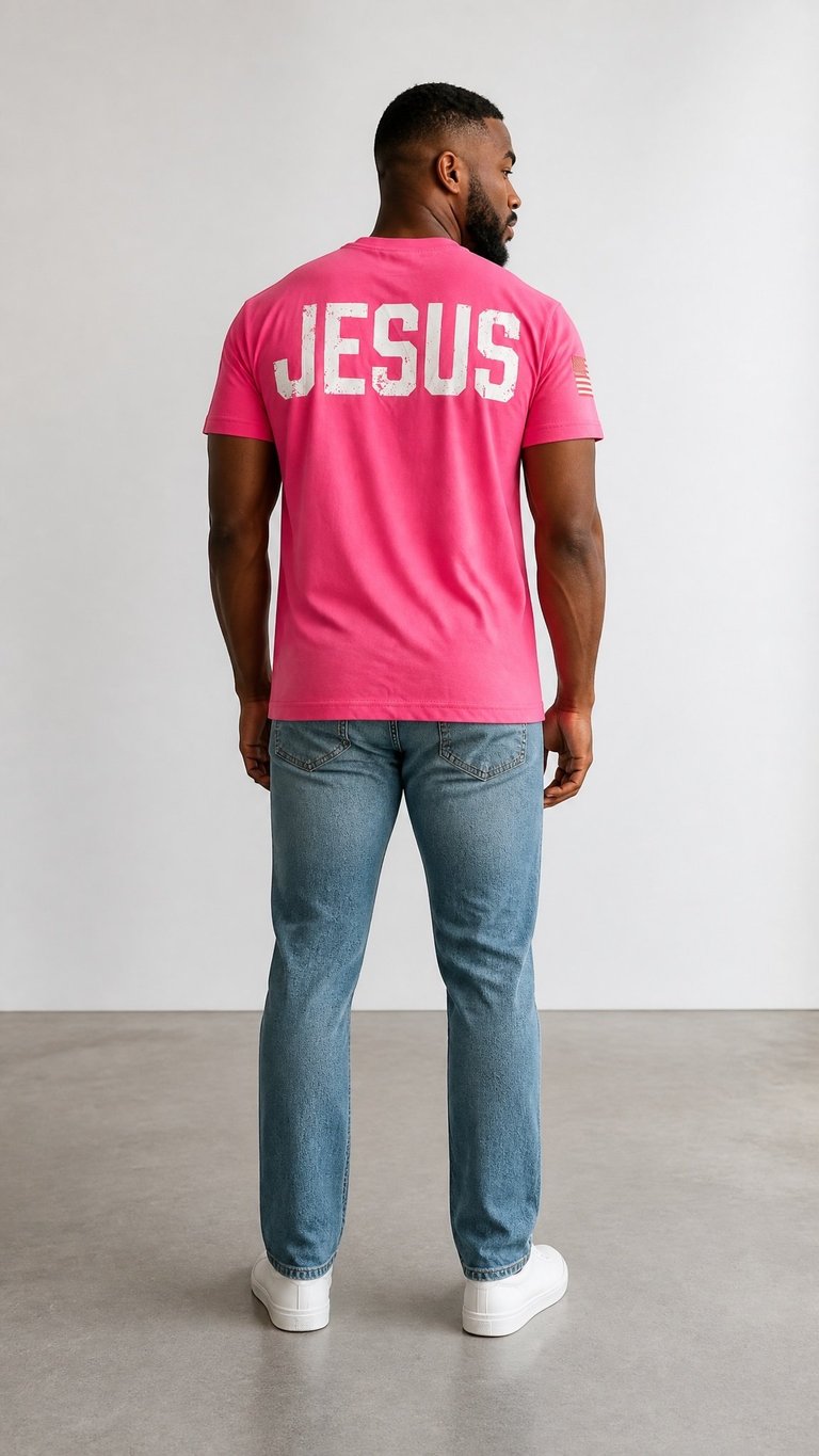 Man wearing a pink t-shirt with JESUS text, blue jeans, and white sneakers