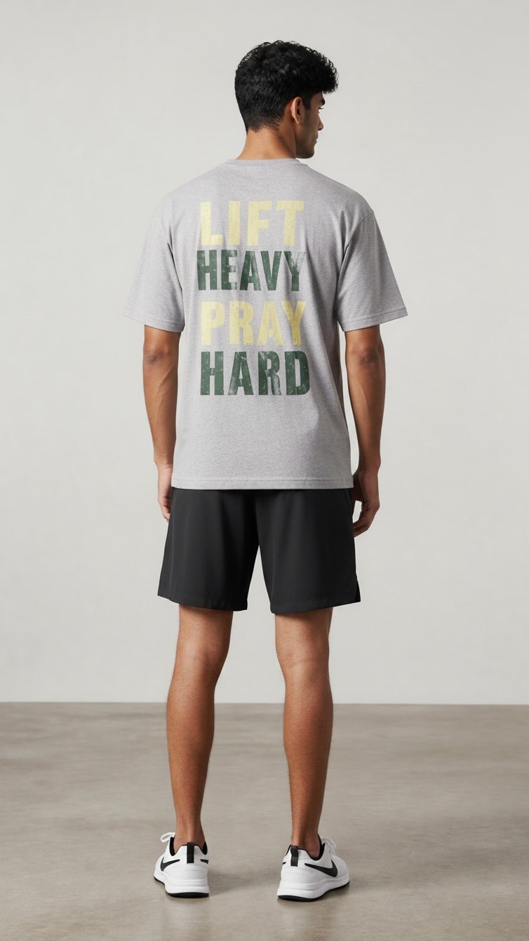 Man wearing light gray t-shirt with LIFT HEAVY PRAY HARD text