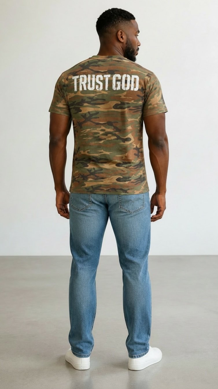 Man wearing camouflage TRUST GOD t-shirt and blue jeans