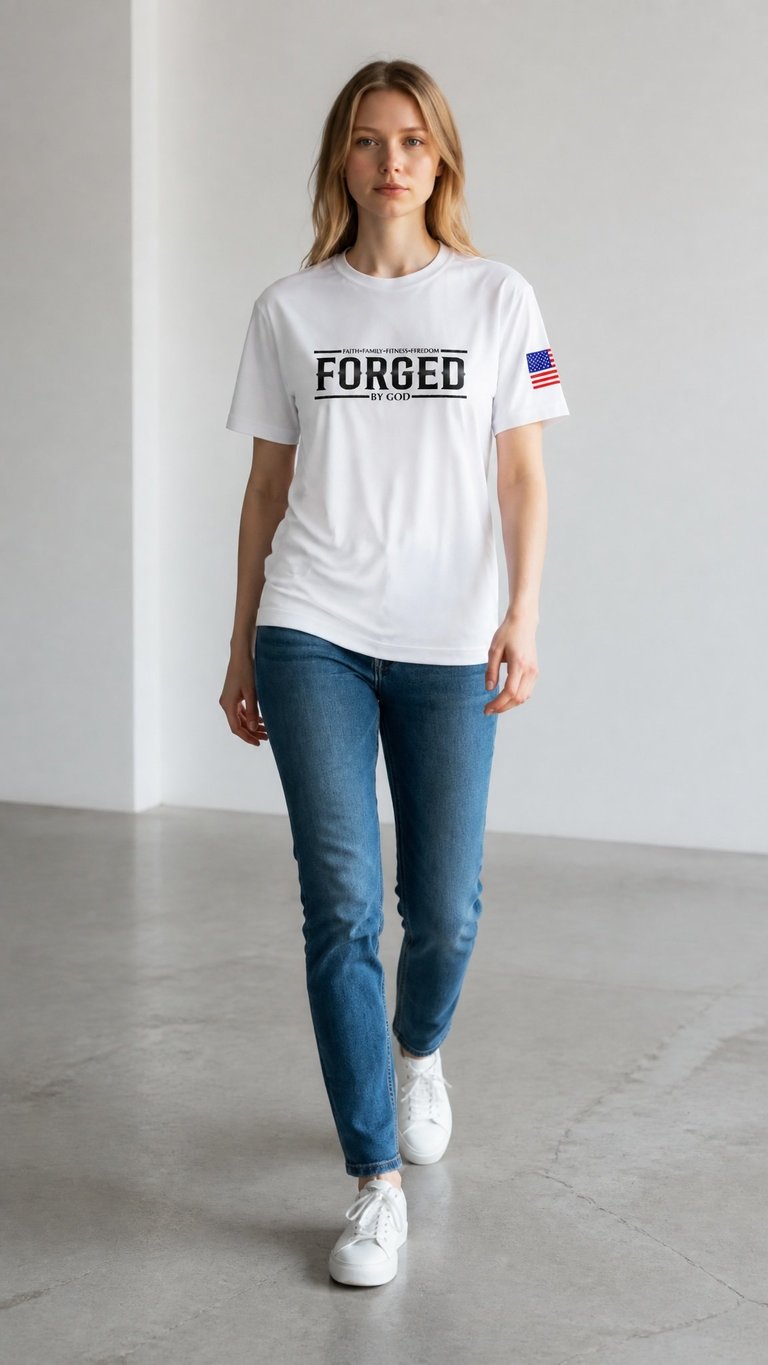 Woman wearing white FORGED t-shirt with American flag patch