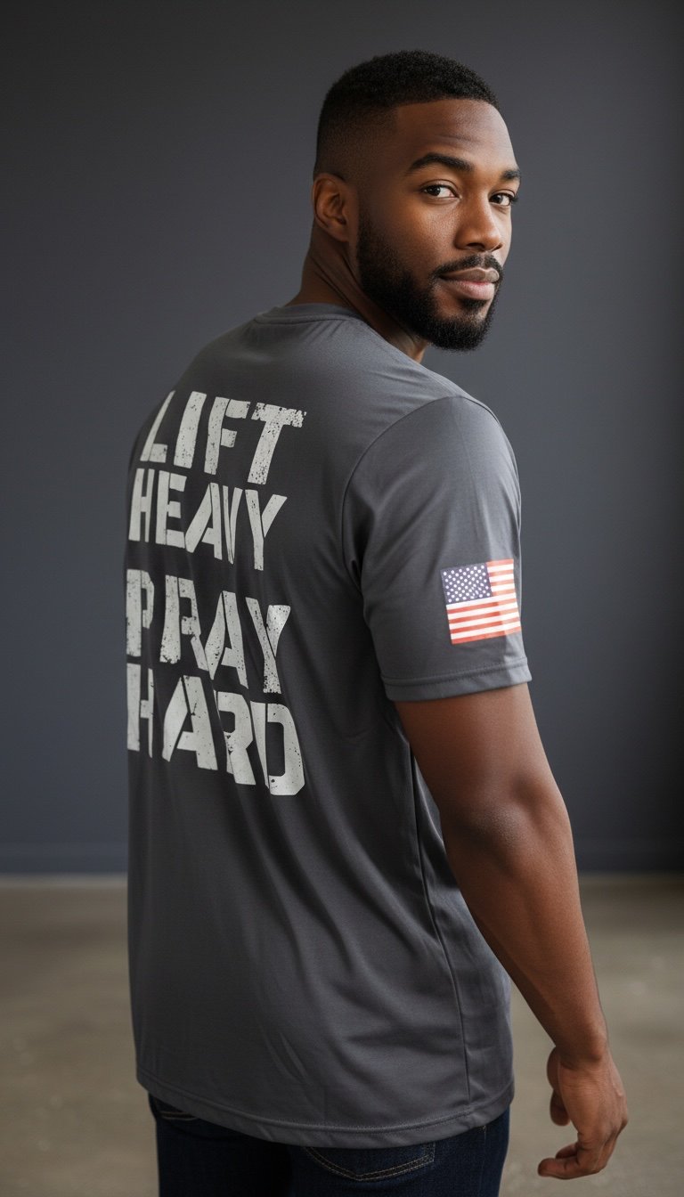 Man wearing gray t-shirt with Lift Heavy Pray Hard text and American flag, facing sideways against gray background