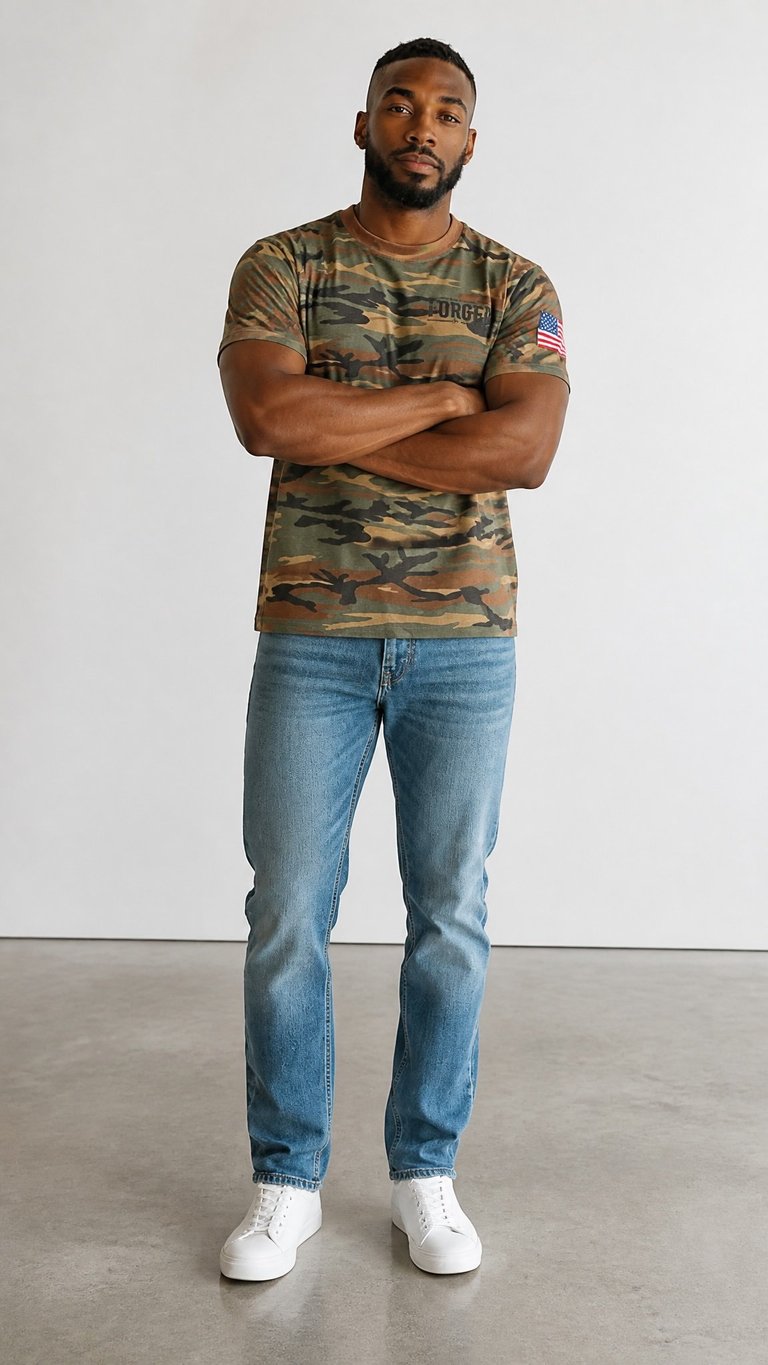 Man wearing camouflage t-shirt and blue jeans standing with arms crossed